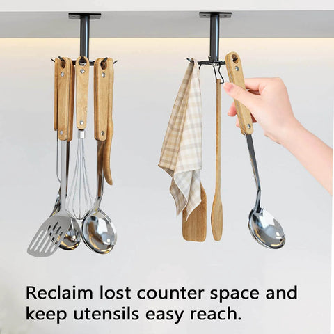 2 Pcs Under Cabinet Metal Utensil Hanger with 6 Rotatable Claws, mounted under cabinet holding utensils and dishcloths