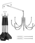 Kitchen Cooking Utensil Holder, 360° Rotating Kitchen Hooks for Hanging Utensils, Heavy Duty Metal Utensil Rack with 8 Storage Capacity, Silver
