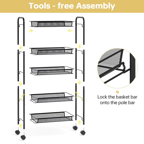 Assembly guide for Five Tier Metal Utility Cart On Wheels With Three Hooks For Kitchen Bathroom And Laundry Room Storage Easy Assembly Mobile Trolley Perfect For Home Office Garage Or Studio Organizing Durable Steel Shelving Unit With Sturdy Wheels TOOLF