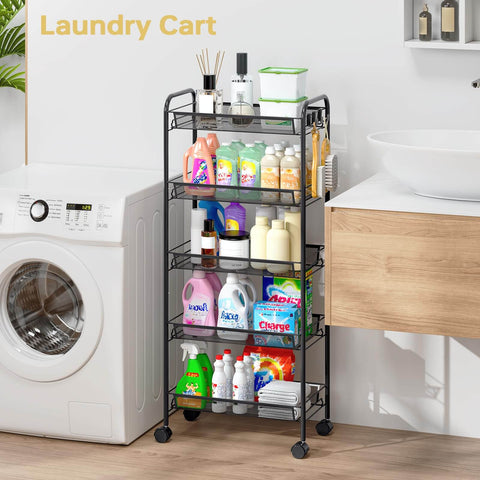 Five Tier Metal Utility Cart On Wheels With Three Hooks For Kitchen Bathroom And Laundry Room Storage Easy Assembly Mobile Trolley Perfect For Home Office Garage Or Studio Organizing Durable Steel Shelving Unit With Sturdy Wheels TOOLF