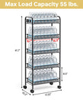 Five Tier Metal Utility Cart On Wheels With Three Hooks For Kitchen Bathroom And Laundry Room Storage Easy Assembly Mobile Trolley Perfect For Home Office Garage Or Studio Organizing Durable Steel Shelving Unit With Sturdy Wheels TOOLF showcasing five shelves stocked with bottled water.