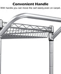 Close-up of the handle and top shelf of Built Tough 990 Lb Capacity Heavy Duty Rolling Utility Cart For Kitchen And Restaurant NSF Commercial Grade Metal Trolley With Wheels Handle Bar And Shelf Liner Anti Rust Chrome Finish For Easy Serving And Storage.