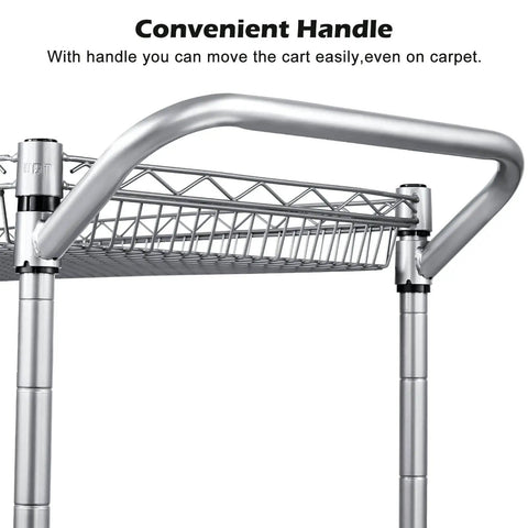 Close-up of the handle and top shelf of Built Tough 990 Lb Capacity Heavy Duty Rolling Utility Cart For Kitchen And Restaurant NSF Commercial Grade Metal Trolley With Wheels Handle Bar And Shelf Liner Anti Rust Chrome Finish For Easy Serving And Storage.
