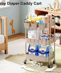 Khaki 3 Tier Metal Utility Rolling Cart With Lockable Wheels And Mesh Storage Baskets Your Go-To For Kitchen Office Living Room Laundry Garage And A Versatile Organizer For Snacks Tools Craft Supplies in nursery setting.