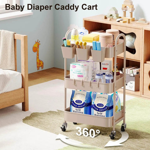 Khaki 3 Tier Metal Utility Rolling Cart With Lockable Wheels And Mesh Storage Baskets Your Go-To For Kitchen Office Living Room Laundry Garage And A Versatile Organizer For Snacks Tools Craft Supplies in nursery setting.