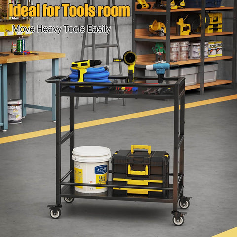 Heavy Duty Service Cart On Wheels With 2-Tier Metal Rolling Utility Cart Fences in workshop with tools and storage