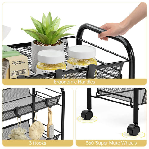 Five Tier Metal Utility Cart On Wheels With Three Hooks For Kitchen Bathroom And Laundry Room Storage Easy Assembly