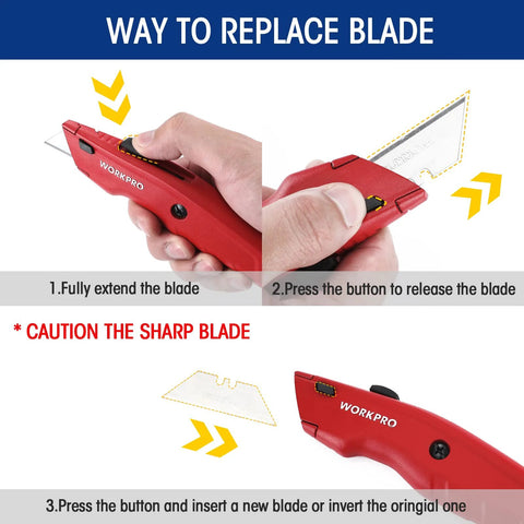 Step-by-step guide for replacing blade on Premium Retractable All Metal Utility Knife With Quick Change Blade System