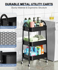 Versatile 3 Tier Rolling Cart With Mesh Baskets Lockable Wheels Metal Storage Cart in laundry room with towels and supplies