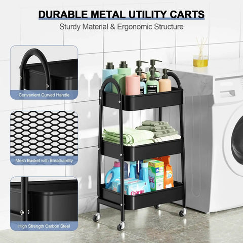 Versatile 3 Tier Rolling Cart With Mesh Baskets Lockable Wheels Metal Storage Cart in laundry room with towels and supplies
