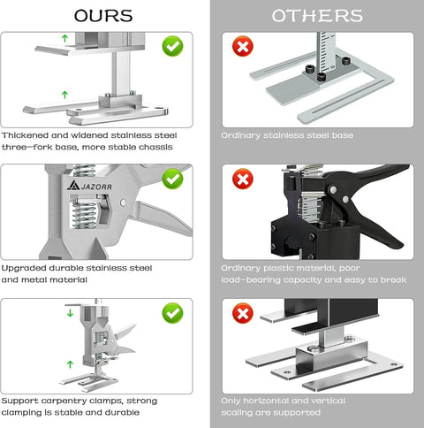 Comparison chart featuring 2Pcs Metal Labor Saving Arm Jack vs others, highlighting stainless steel build and load stability.