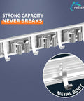 Side view of wall mounted broom holder with 4 racks and 5 hooks, metal body, for garage kitchen laundry room storage organizer.