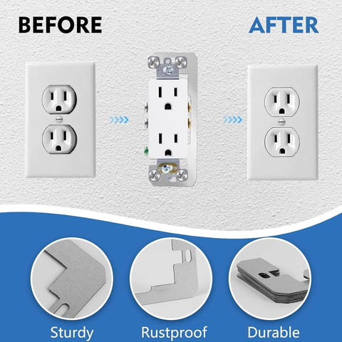 Before and after view using 20 Pack Metal Wall Plate Spacers For Flush Mount Outlets And Switches Outlet Extender Shims