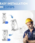 Installation steps for 20 Pack Metal Wall Plate Spacers For Flush Mount Outlets And Switches Outlet Extender Shims with worker in background.
