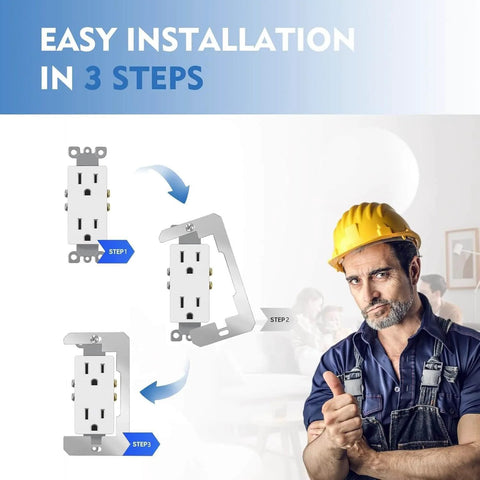 Installation steps for 20 Pack Metal Wall Plate Spacers For Flush Mount Outlets And Switches Outlet Extender Shims with worker in background.