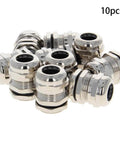Ten Pack Metal Waterproof M20 Cable Glands Joints With Adjustable Threaded Connectors In Silver For 6 To 12 Mm Cable Diameter Built Tough For All Weather Use Dustproof Gland Set You Can Truly Rely On For Harsh Environments, side view