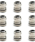 Ten Pack Metal Waterproof M20 Cable Glands Joints With Adjustable Threaded Connectors In Silver For 6 To 12 Mm Cable Diameter Built Tough For All Weather Use Dustproof Gland Set You Can Truly Rely On For Harsh Environments front view