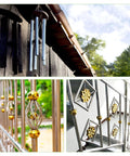 Collage of outdoor stainless steel wind chimes and decorative steel railings with gold accents