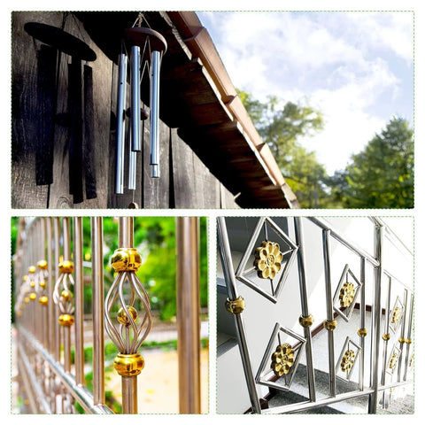 Collage of outdoor stainless steel wind chimes and decorative steel railings with gold accents