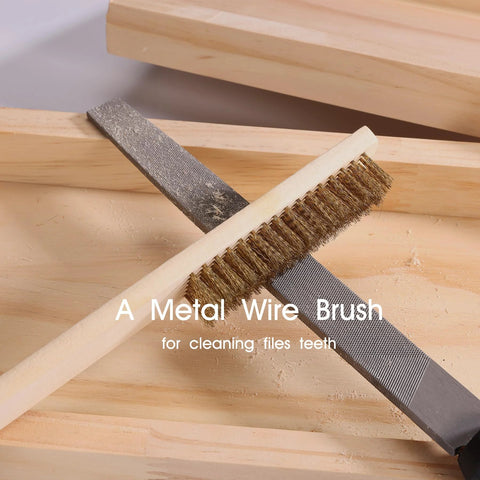 A metal wire brush and file from Twenty Five Piece Metal File Set With T12 Drop Forged Alloy Steel For Woodworking Metalworking And Plastic