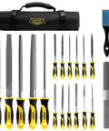 19-Piece Metal And Wood File Set With Tool Bag Including Flat Half-Round Round Triangle Steel Files Half-Round Wood File 4-Way File And 12 Needle Files For Metal Wood Jewelry Plastics And Ceramic Work, displayed with black tool bag and brush.