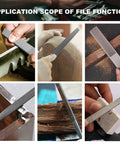 19-Piece Metal And Wood File Set with Tool Bag showing vivid applications on metal, wood, and plastic surfaces