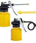 Two Pack Metal Yellow Pump Oil Can With Three Spouts For Precise Lubrication In Tight Gaps Flexible High Pressure Nozzle Ergonomic Curved Trigger Handle Durable Oiler Sprayer For Machinery Automotive DIY Projects And General Maintenance