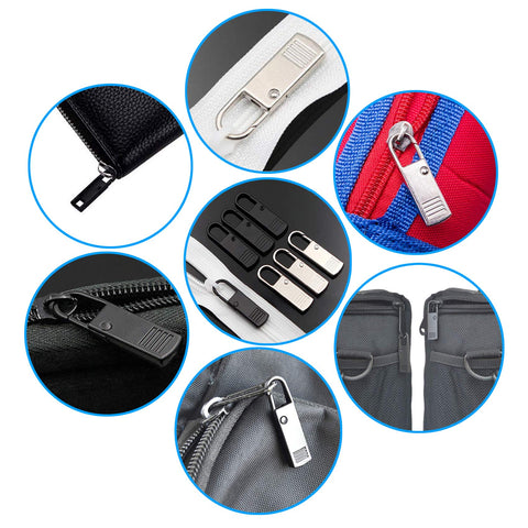 Universal Metal Zipper Pull Replacement for Luggage 8Pcs Black Zipper Tabs shown on bags, suitcases, and backpacks.