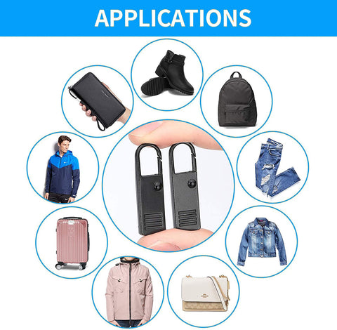 Universal Metal Zipper Pull Replacement for Luggage 8Pcs Black Zipper Tabs shown with various application uses for bags and clothing.