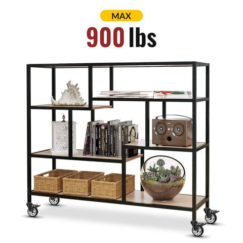 Metal shelving unit holding books and decor on 4 Inch Total Locking Stem Caster Wheels Heavy Duty Swivel Castors with 3/8 Inch 16 x 1 Threaded Stem.