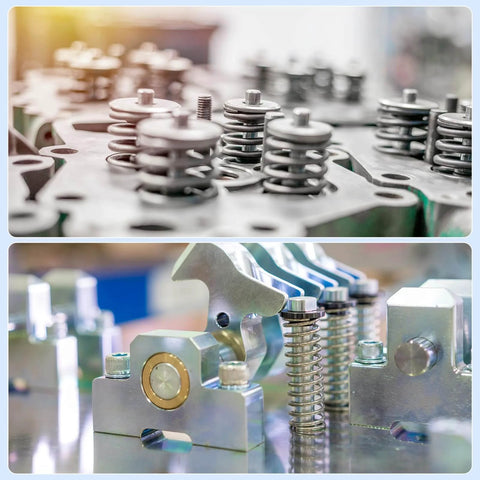 Industrial components with metal springs and bolts, highlighting precision engineering and mechanical assembly in a manufacturing setting.