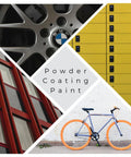 Collage showing various applications of Metallic Shadow Gray Powder Coating for Metal Surfaces 1lb Pack Durable Polyester Resin Finish No VOCs During Baking Rich Pigment And Metallic Powder Content Primer Not Required SP-91080SNB, including car rims, lockers, a window frame, and a bicycle frame.