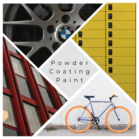 Collage showing various applications of Metallic Shadow Gray Powder Coating for Metal Surfaces 1lb Pack Durable Polyester Resin Finish No VOCs During Baking Rich Pigment And Metallic Powder Content Primer Not Required SP-91080SNB, including car rims, lockers, a window frame, and a bicycle frame.