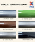 Assorted metallic 2-coat powder coatings with high gloss finish, including SP-6577SNB, SP-7547CNB, SP-8713CNB, SP-1110SSB, SP-11283SB, SP-91089CNB