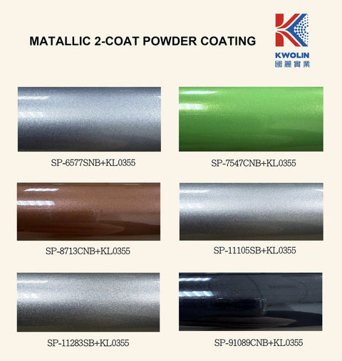Assorted metallic 2-coat powder coatings with high gloss finish, including SP-6577SNB, SP-7547CNB, SP-8713CNB, SP-1110SSB, SP-11283SB, SP-91089CNB