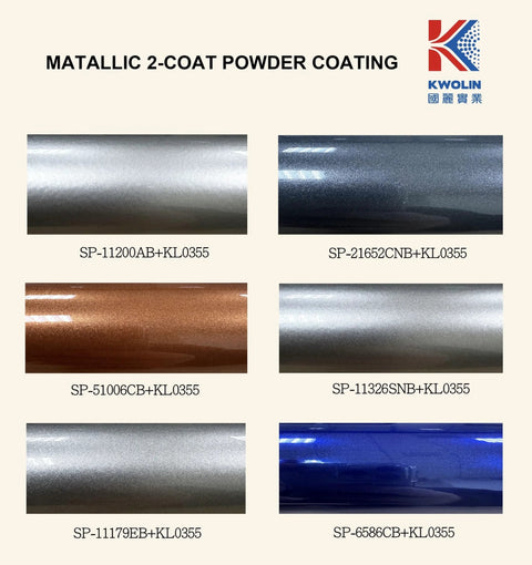 Color samples of metallic 2-coat powder coatings, including shadows of gray, blue, and bronze on a printed display card.