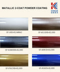 Samples of Metallic 2-Coat Powder Coating in various colors, including SP-91080SNB, showcasing the finish for metal surfaces.