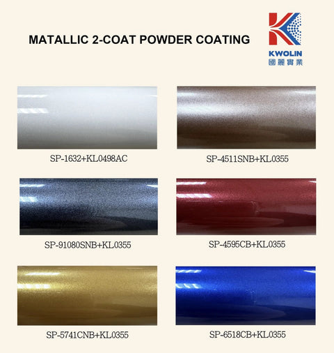 Samples of Metallic 2-Coat Powder Coating in various colors, including SP-91080SNB, showcasing the finish for metal surfaces.