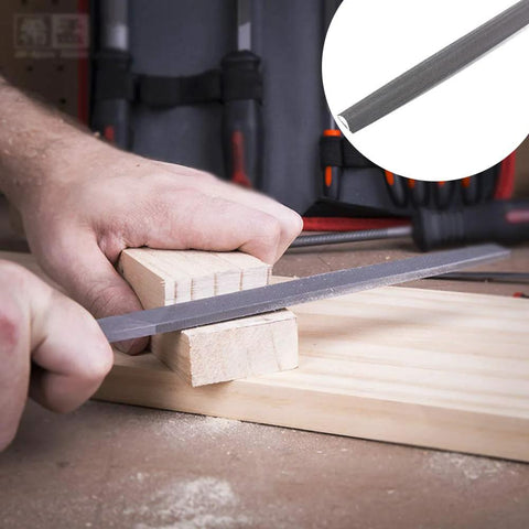Man using Premium 17-piece file set in a rugged carry case, forged from T12 alloy steel, filing wood with engineer file.