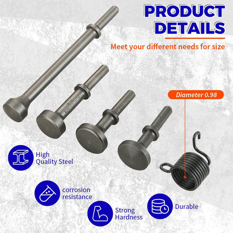 5 Piece Smoothing Air Hammer Tool Kit With Pneumatic Chisel Bits And Spring Attachments for metalworking, displayed with labels showing features like high-quality steel and durability.