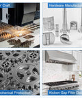 Collage of images showing DIY craft, hardware manufacturing, mechanical production with gears, and kitchen gap filler decor.