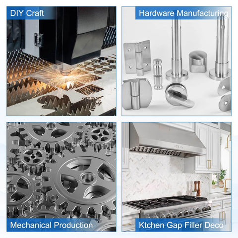 Collage of images showing DIY craft, hardware manufacturing, mechanical production with gears, and kitchen gap filler decor.