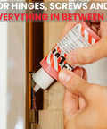 Applying metal drilling gel lubricant to a door hinge for smoother operation and reduced friction.