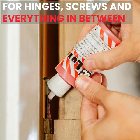 Applying metal drilling gel lubricant to a door hinge for smoother operation and reduced friction.
