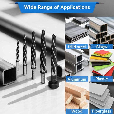 Five Piece M2 HSS Taper Chucking Reamer Set Pro Grade For Metalworking By Makerfire displayed with material samples