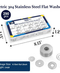 290Pcs Flat Washers, 304 Stainless Steel Fender Washers Assortment, display of sizes with packaging