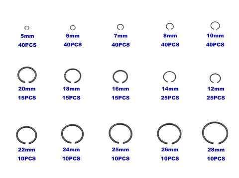 Metric Round Wire C Clips External Retaining Rings Assortment Kit For Shafts 5mm To 28mm Black Oxide Carbon Spring Steel sizes