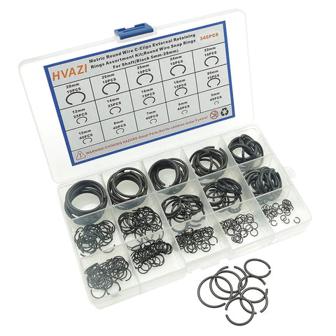 Metric Round Wire C Clips External Retaining Rings Assortment Kit 5mm to 28mm, 345 Pieces, Black Oxide Carbon Spring Steel in box