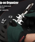 Close-up of hands holding 11 Piece Metric Crowfoot Wrench Set With Clip On Organizer For Tight Spaces, Includes 10 to 22 mm wrenches