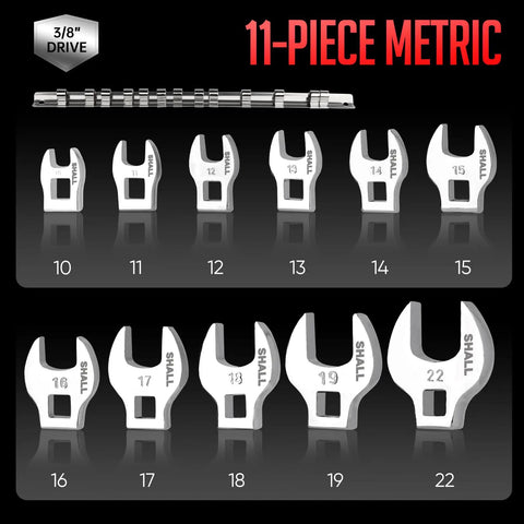11 Piece Metric Crowfoot Wrench Set With Clip On Organizer For Tight Spaces, Includes 10, 11, 12, 13, 14, 15, 16, 17, 18, 19 And 22 Mm Crowfoot Wrenches, Heavy-Duty Alloy Construction For Auto Repair, Mechanics, And Industrial Maintenance